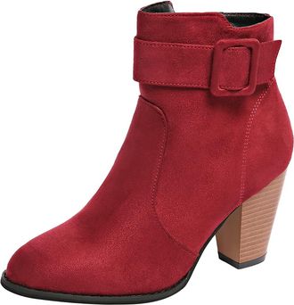 Generic Womens Fashion Solid Color Short Boots PU Casual Short Boots Back Heel Short Heel Mid Calf Boots Women Rubber Boots (Red, 5.5)