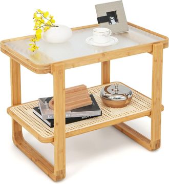 Costway Costway - Mesa Auxiliar De Bamb&uacute; De 2 Niveles Con Tapa De Vidrio, Mesa De Centro Con Estante De Rat&aacute;n Pe, Mesa De Caf&eacute; Compacta Con Almacenamiento, Me