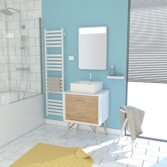 Aurlane Mueble De Bano Escandinavo Blanco Y Madera 2 Cajones 60cm, Lavabo Y Espejo