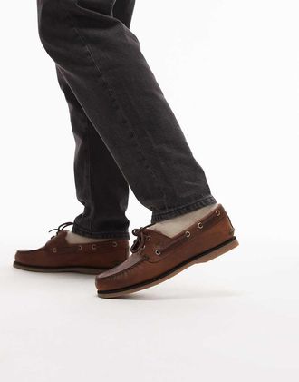 Timberland Scarpe da barca classiche in pelle marrone con 2 paia di occhielli