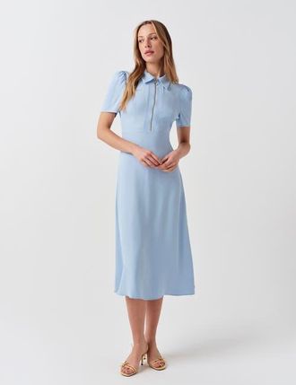 Ghost London Haisley Collared Zip Front Midi Dress in Light Blue at Nordstrom, Size 16