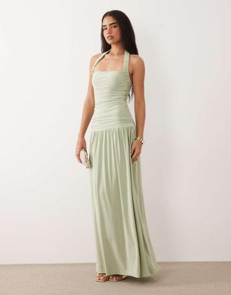 Asos Vestito lungo morbido verde salvia con allacciatura al collo arricciata