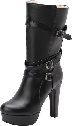 Generic Black Belt Buckle Ankle Boots Thick High Heel Platform Women Casual Fall Winter Fashion Trendy Personality Footwear