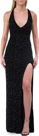 La Femme Beaded Fitted Stretch Net Dress with Halter Top in Black at Nordstrom, Size 12