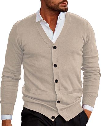 Generic Mens Knitted Cardigan | V Neck Button Jumper Plain Coloured | Long-Sleeve Cardigan Sweater for Mens | Slim Fit Solid Color Workcardigan | Warm Comfort