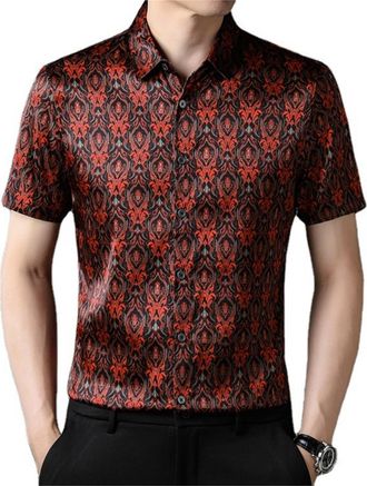Generic in Summer 2025 - Mens High - end Mulberry Silk Short - Sleeved Button - Down Collared Shirt Suitable for Any Occasion, Orange, Medium