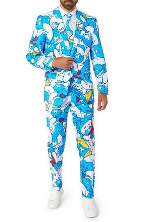 OppoSuits x The Smurfs Slim Fit Two-Piece Suit & Tie Set in Blue Multi at Nordstrom, Size 38 Regular