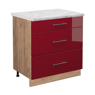Vicco Mueble Bajo De Cocina Fame-line, Rojo Burdeos Alto Brillo, 80 Cm Con 3 Cajones, Et M&aacute;rmol
