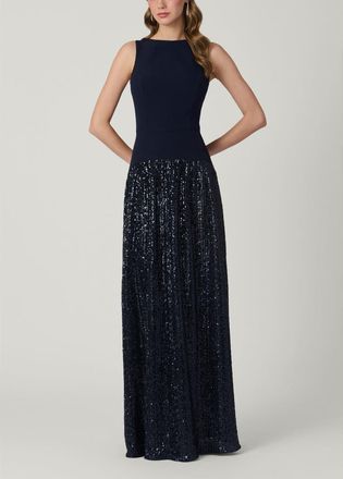 Shoshanna Midnight Dorothy Pleated Sequin Crepe Combo Dress in Navy at Nordstrom, Size 12