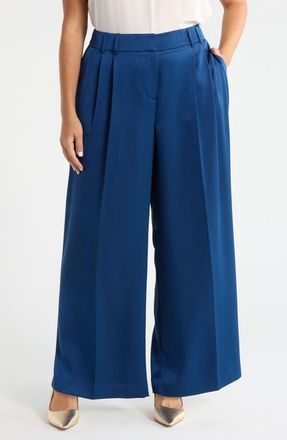 Tahari by ASL Pleated Satin Wide Leg Pants in Deep River at Nordstrom, Size 14W