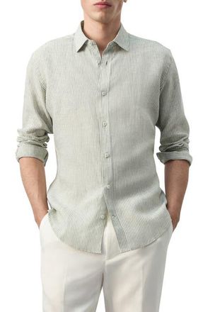 Mango Stripe Slub Linen Button-Up Shirt in Khaki Green at Nordstrom, Size X-Large