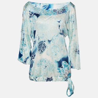 Roberto Cavalli Blue Printed Jersey Waist Tie Detail Top