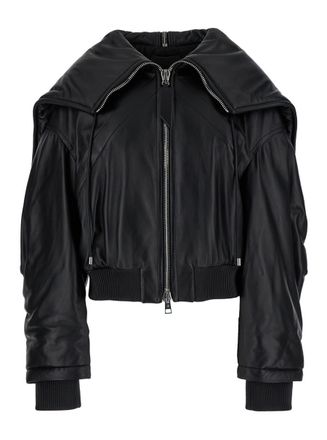 The Attico Black Bomber Jacket With Zipped Oversized Hood In Leather Woman