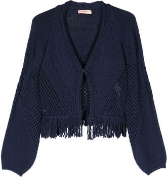 Twin-Set fringed open-knit cardigan - women - Polyester/Cotton - L - Blue