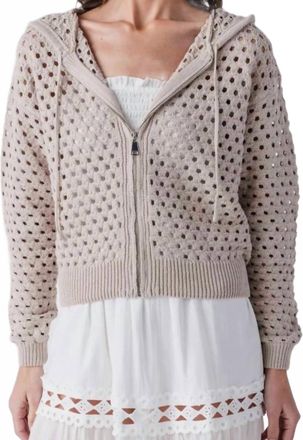 Elan Open-Knit Hooded Zip Sweater In Taupe
