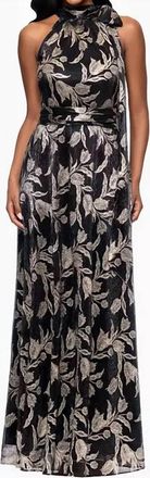 Betsy & Adam Dana Long Mock Neck Foil Wrap Maxi Dress In Black And Gold