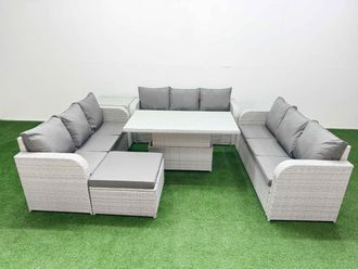 Fimous PE Rattan Lounge Sofa Set 10 Seater Outdoor Garden Furniture Set w/ Adjustable Lifting Dining or Coffee Table 3 Seater Sofa Big Footstool Side