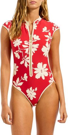 Seafolly Cap Sleeve Zip Front One-Piece Swimsuit in Cosmo Red at Nordstrom, Size 10