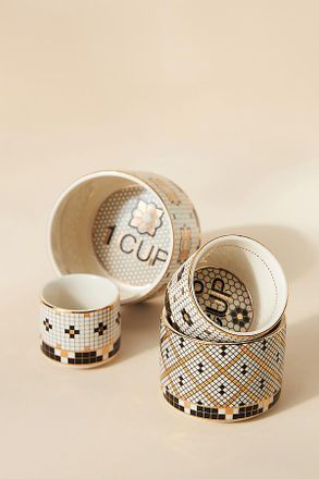 Anthropologie Bistro Tile Stoneware 24k Gold Accent Measuring Cups, Set of 4