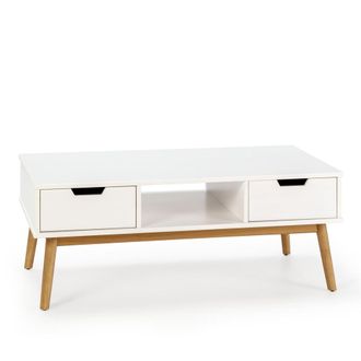 HOMN Mesa centro blanco, pino macizo, 2 cajones, 110 cm