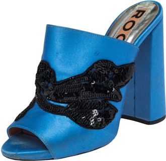 Rochas Blue Satin Embellishment Mule Sandals