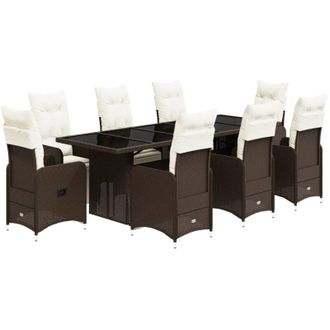 vidaXL Set De Mesa Y Sillas Jard&iacute;n 9 Piezas Y Cojines Rat&aacute;n Pe Marr&oacute;n Vidaxl