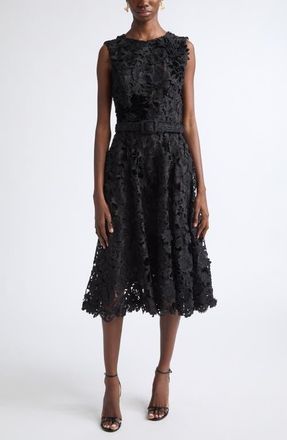 Oscar De La Renta Feather Scroll Guipure Midi Dress in Black at Nordstrom, Size 12