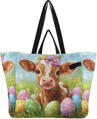 Generic Cow Easter Eggs Pink print Reusable Canvas Tote Bag, Heavy Duty Grocery Shopping Bag with Hard Bottom Double Handles Large Capacity Work Groceries Tra
