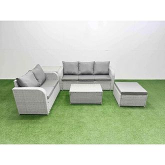 Fimous Fimous 6 Seater PE Rattan Wicker Garden Furniture Patio Conservatory Sofa Set with Rectangular Coffee Table 3 Seater Sofa Love Sofa Big Footstool