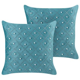 Beliani Conjunto De 2 Cojines De Terciopelo Verde Azulado Plateado 45 X 45 Cm Yarrow