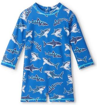 Hatley Patterned Sharks Long Sleeve One-Piece Rashguard Swimsuit in Daphne at Nordstrom, Size 18-24M