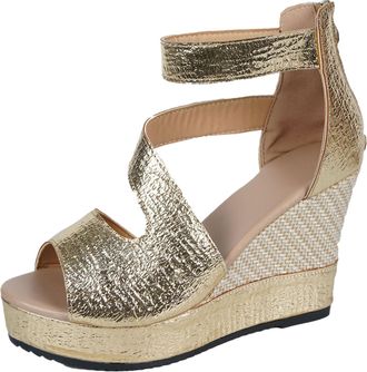 Generic Low Wedge Sandal For Women Open Toe Cutout Straps Espadrille Wedge Ladies Faux Suede Elegant Round Toe Sandals With Back Zipper For Summer