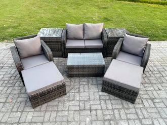 Fimous 6 Seater Outdoor Lounge Sofa Set Rattan Garden Furniture Set with Rectangular Coffee Table 2 Big Footstool in Dark Grey