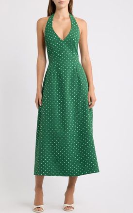 Odd Muse Polka Dot Halter Neck Midi Dress in Green Polka Dot at Nordstrom, Size Xxx-Large