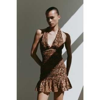 H&M Ruched Scarf-detail Dress in Light Brown/leopard Print at Nordstrom, Size Xx-Small
