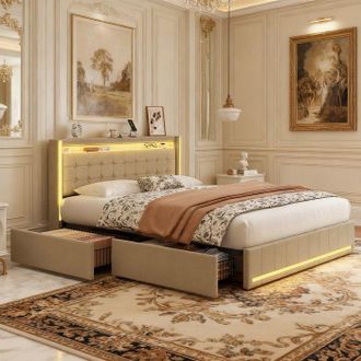 OEM Cama Doble 140x200 Cm Acolchada De Lino Beige - 4 Cajones, Led Y Usb, Somier De Lamas, Estilo Escandinavo
