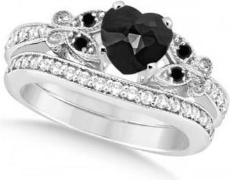Allurez Butterfly Black and White Diamond Heart Bridal Set 14k W Gold 1.89ct