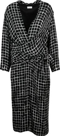 Dries Van Noten Black/White Belted Viscose Grid Print Midi Dress