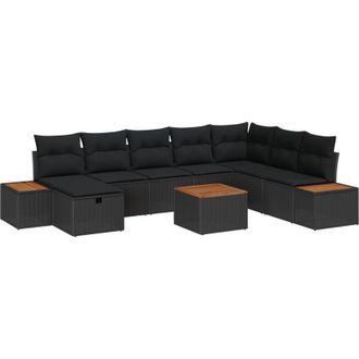 vidaXL Conjunto De Sof&aacute; De Jard&iacute;n Con Almohada 9 Pcs Negro Polirat&aacute;n