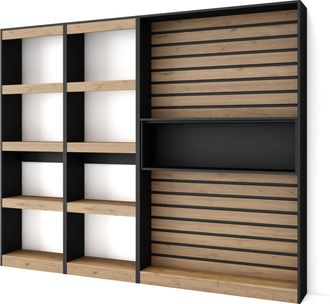 Skraut Home Librer&iacute;a Estanter&iacute;a, Estanteria Libros De Pared, 230x186x25cm, Sal&oacute;n - Comedor - Oficina, Con Almacenaje, Estilo Moderno, Roble Y Negro - Skraut Home