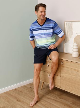 Hajo Shorty HAJO, Herren, Gr. 44/46, marine, pistazie, geringelt, 62% Baumwolle, 38% Polyester, Homewear-Sets Shorty