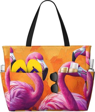 Generic Pink Flamingo Print Large Beach Bag Foldable Travel Shoulder Tote Bag With Pocket For Weekender Pool Vacation