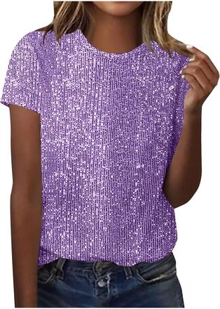 Generic Sequin Top for Women UK Glitter Shiny Blouse Ladies Elegant Crew Neck Short Sleeve Loose T Shirts Party Tank Festival Sparkling Dress Tunic Tee Evenin