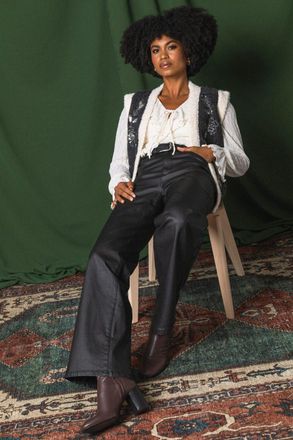 Roman Coated Stretch Waist Wide Leg Jeans