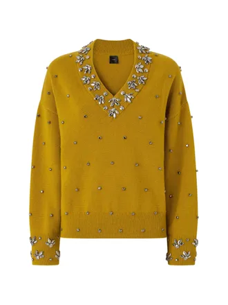 Pinko Mustard Brown Crystal V-Neck Wool-Cashmere Sweater