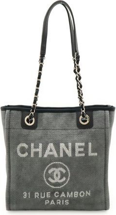 Chanel Black Gray Canvas Leather Shoulder Bag Tote Bag (Pre-Owned)