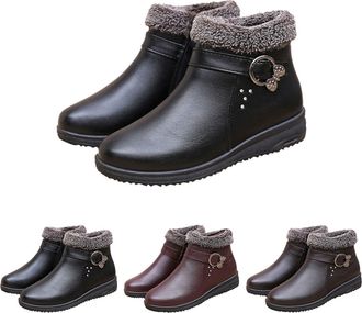 Generic Womens Winter Ankle Boots with Fur Lined Padded Warm Short Boots Ladies Low Heel Vegan Leather Side Zipper Boot Waterproof Non-Slip Ankle Booties Blac