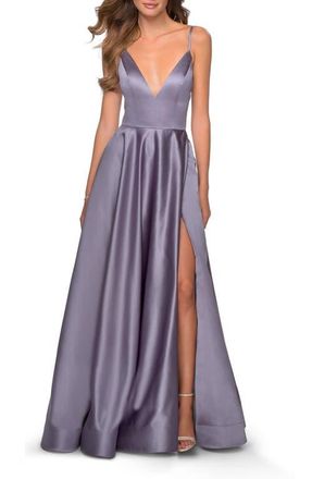La Femme V-Neck Satin Prom Dress with Lace Up Back in Lavender/gray at Nordstrom, Size 00