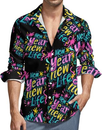 Generic Happy New Year New Life Mens Shirts Long Sleeve Hawaiian Shirt Button Down Summer Tops 4XL