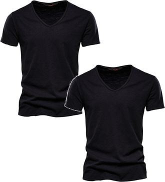 Generic 2 Pack T-Shirts for Men UK Casual V Neck Short Sleeve Tee Top Slim Fit Comfy Cotton Summer T Shirt Plain Breathable Shirts Undershirts Black XXL